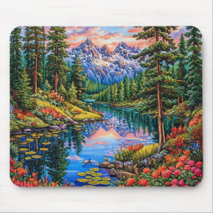 Alfombrilla De Ratón Paisaje montañoso vibrante con reflejo