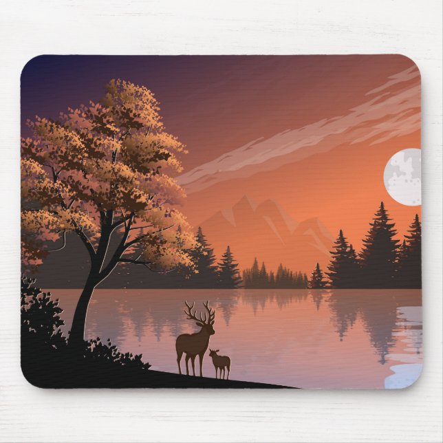 Alfombrilla De Ratón Paisaje Sunrise con Lago y Deers-51207 (Frente)