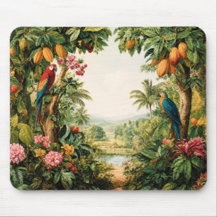 Alfombrilla De Ratón Paisaje Tropical Cacao Loros Flor Acuarela