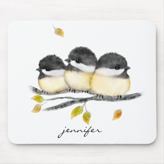 Alfombrilla De Ratón Pájaro pequeño 3 pollos en rama de árbol (Frente)
