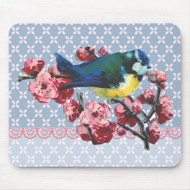 Alfombrilla De Ratón Pájaro y flor de cerezo azules (Frente)