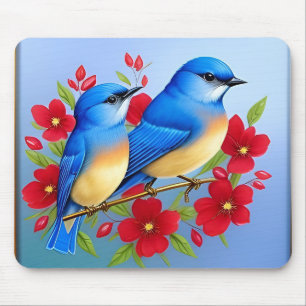 Alfombrilla De Ratón Pájaros Azules Coloridos Posados Entre Flores Roja