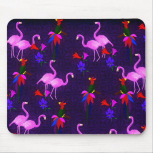 Alfombrilla De Ratón Pájaros coloridos y flamencos rosados