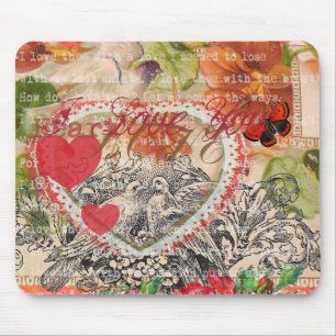 Alfombrilla De Ratón Pájaros de Amor Corazón Rojo Arte Collage