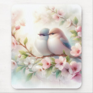 Alfombrilla De Ratón Pájaros de amor de primavera Flor de cerezo floral