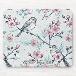 Alfombrilla De Ratón Pájaros Turquesa Elegantes Flor de Cerezo Rosa