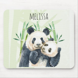 Alfombrilla De Ratón Panda color agua rompe con mamá y bebé en Bambú