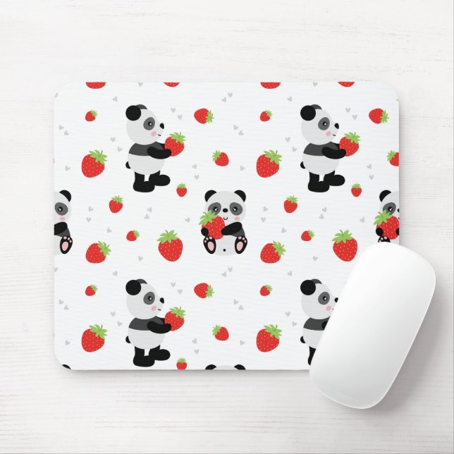 Alfombrilla De Ratón Panda fofo com morango (Con ratón)