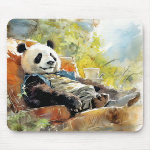 Alfombrilla De Ratón Panda Relajándose En Jardín Diversión Animal Feliz