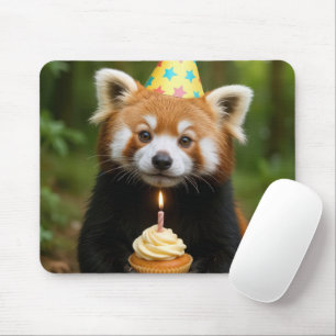Alfombrilla De Ratón Panda Rojo con un pastel de cumpleaños