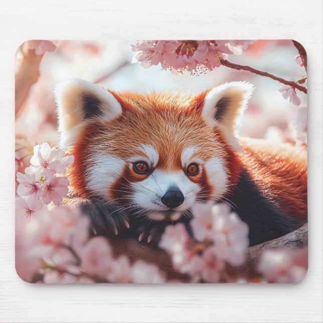 Alfombrilla De Ratón Panda Rojo Entre Flores De Cerezo (Frente)