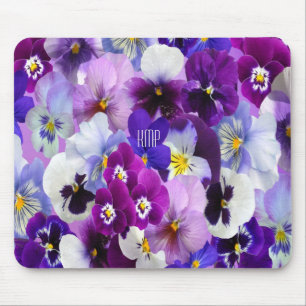 Alfombrilla De Ratón Pansies Florales Morado Azul Blanco Monograma