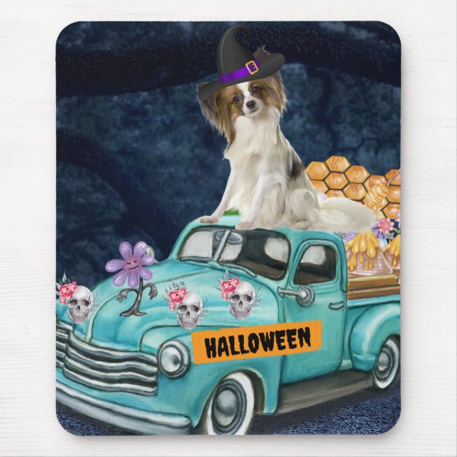 Alfombrilla De Ratón Papillon Dog Halloween Camión Noche de miedo (Frente)