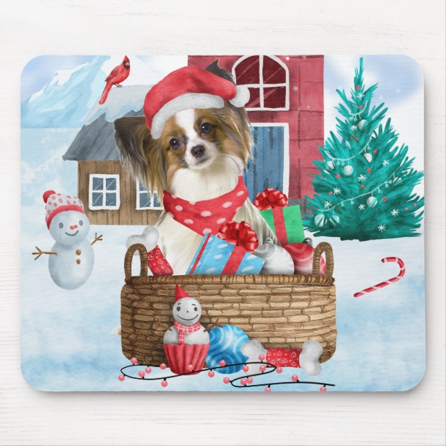 Alfombrilla De Ratón Papillon Dog In snow Christmas Dog House (Frente)