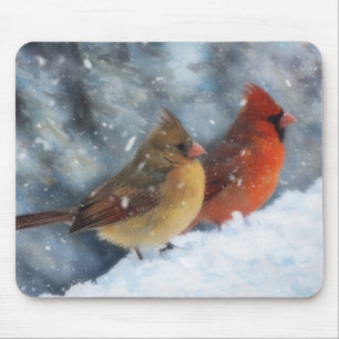 Alfombrilla De Ratón Par de pájaros cardenales Pareja Arte de invierno