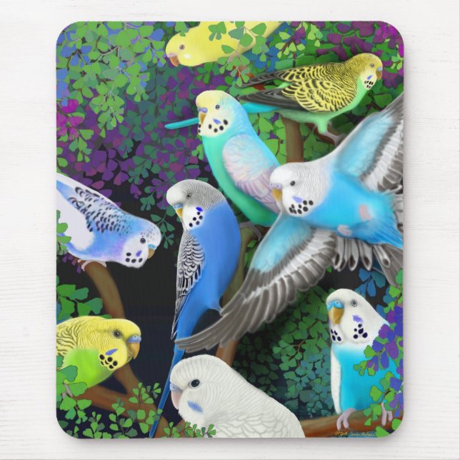 Alfombrilla De Ratón Parakeets y helechos Mousepad de Budgie (Frente)