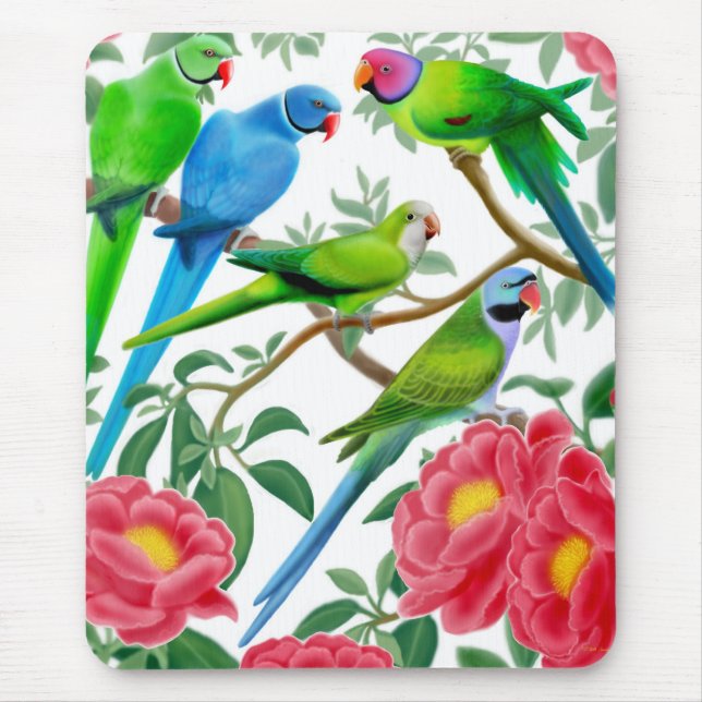 Alfombrilla De Ratón Parakeets y Peonies Mousepad (Frente)
