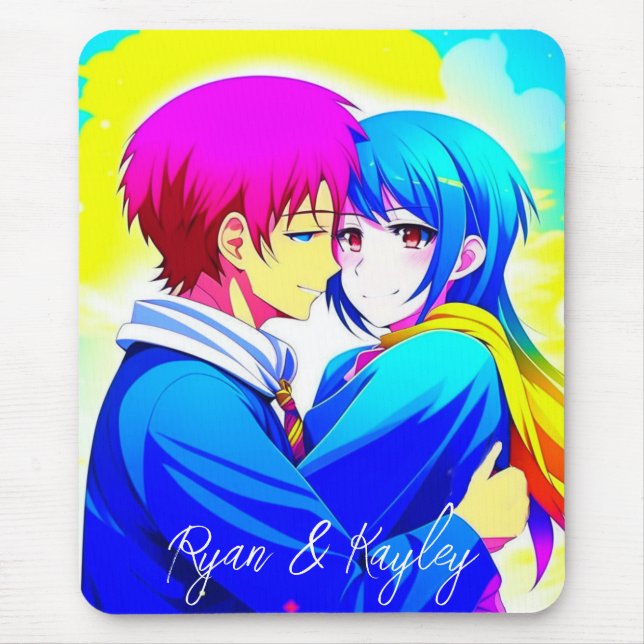 Alfombrilla De Ratón Pareja anime personalizada abrazando rosa y azul (Frente)