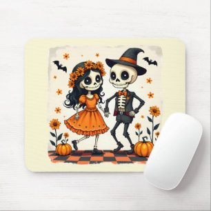 Alfombrilla De Ratón Pareja de esqueletos lindos de Halloween en naranj