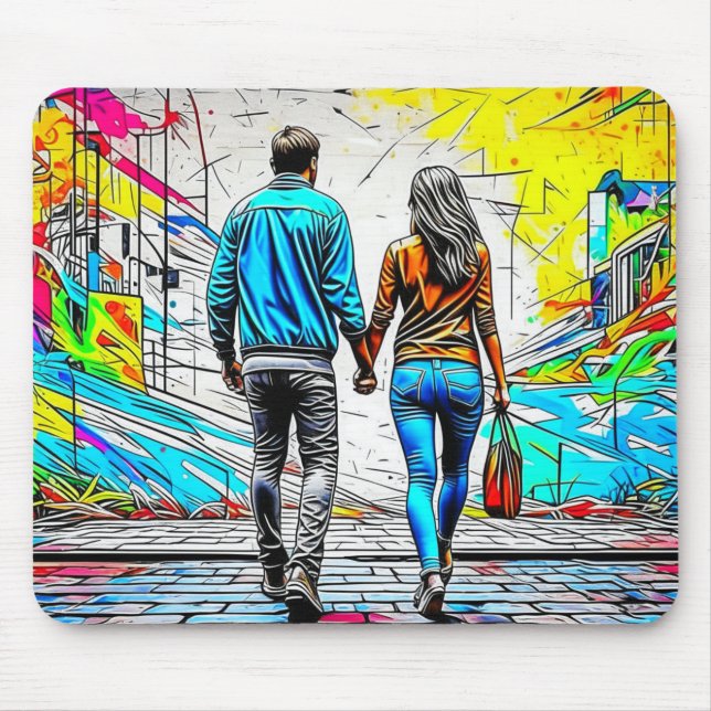 Alfombrilla De Ratón Pareja sosteniendo manos de arte urbano callejero (Frente)