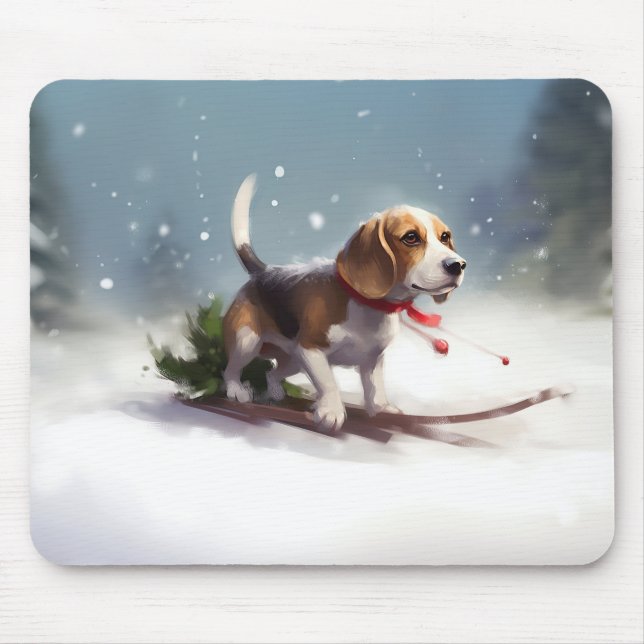 Alfombrilla De Ratón Pascua de Navidad nieve invierno Beagle (Frente)