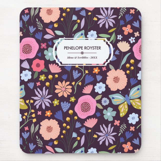 Alfombrilla De Ratón Pastels & Dark Plum Floral Pattern Name Mouse Pad (Frente)