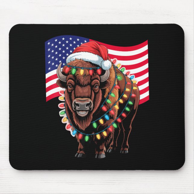 Alfombrilla De Ratón Patriotic Bison Buffalo Christmas Usa Flag Holiday (Frente)
