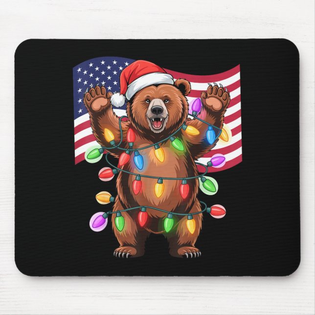 Alfombrilla De Ratón Patriotic Christmas Grizzly Bear Holiday Light San (Frente)