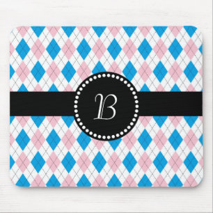 Alfombrilla De Ratón Patrón de Argyle Retro Monograma Azul Blanco Rosa