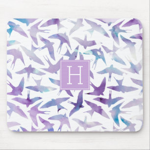 Alfombrilla De Ratón Patrón de aves acuarelas y monograma