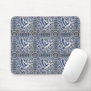 Alfombrilla De Ratón Patrón de azulejo azul de pájaro y mariposa sin co