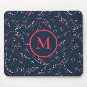 Alfombrilla De Ratón Patrón de berry azul marino rojo en monograma eleg