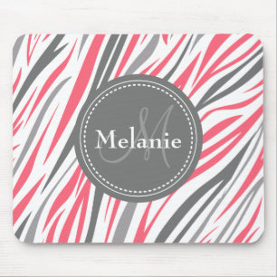 Alfombrilla De Ratón Patrón de cebra rosa y gris monogramado