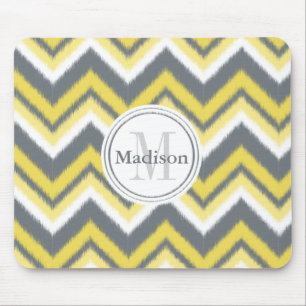 Alfombrilla De Ratón Patrón de chequeo de Ikat amarillo gris monogramad