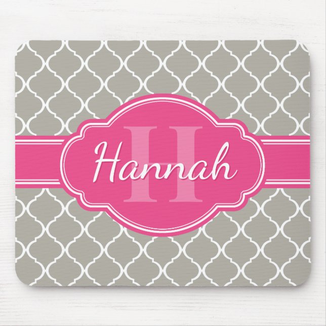 Alfombrilla De Ratón Patrón de cuarzo blanco gris Monograma rosado (Frente)