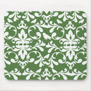 Alfombrilla De Ratón patrón de damasco de ave verde y blanca