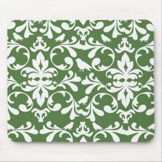 Alfombrilla De Ratón patrón de damasco de ave verde y blanca