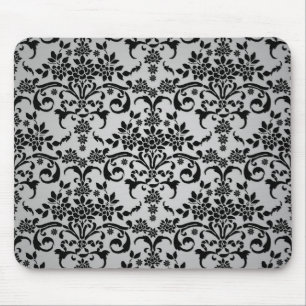 Alfombrilla De Ratón Patrón de damasco floral blanco plateado y negro
