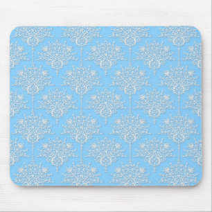 Alfombrilla De Ratón Patrón de damasco floral blanco y azul pálido