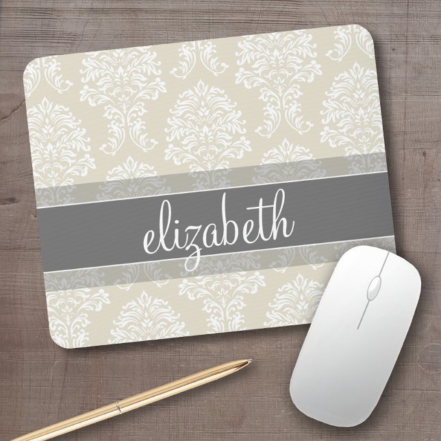 Alfombrilla De Ratón Patrón de Damasco gris y marfil con nombre (Personalized mousepad - add your custom text)