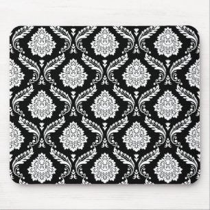 Alfombrilla De Ratón Patrón de Damasco Rococó Blanco sobre Negro