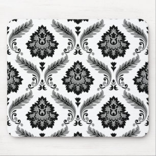 Alfombrilla De Ratón Patrón de damasco rococó gris negro blanco