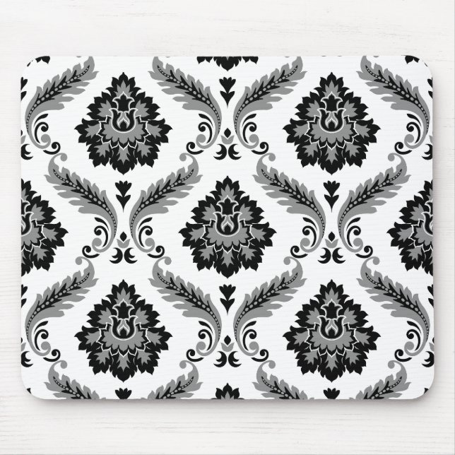 Alfombrilla De Ratón Patrón de damasco rococó gris negro blanco (Frente)