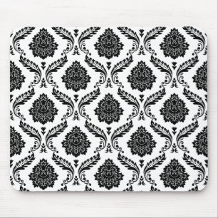 Alfombrilla De Ratón Patrón de damasco rococó negro sobre blanco
