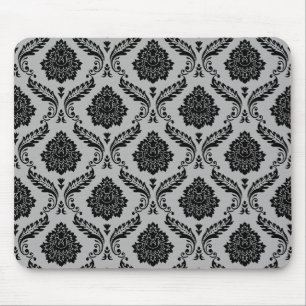 Alfombrilla De Ratón Patrón de Damasco Rococó Negro sobre Gris