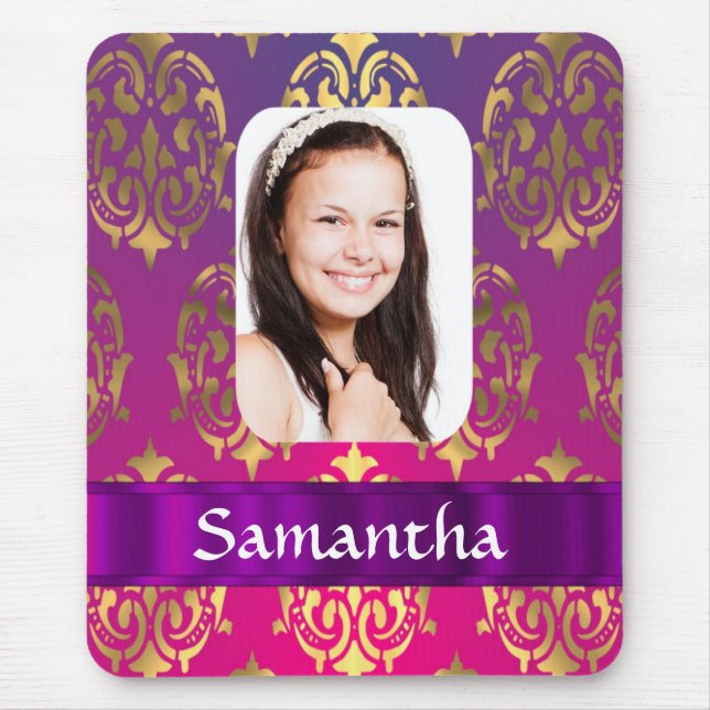 Alfombrilla De Ratón Patrón de damasco rosa y dorado personalizado (Frente)