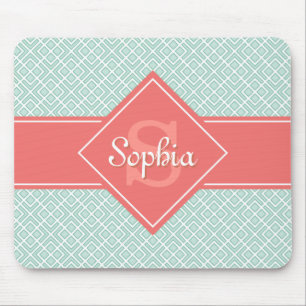 Alfombrilla De Ratón Patrón de diamante de coral monogramado y de menta
