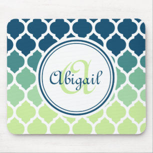 Alfombrilla De Ratón Patrón de Entramado marroquí verde azul monogramad