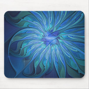 Alfombrilla De Ratón Patrón de fantasía de flor azul, arte fractal abst