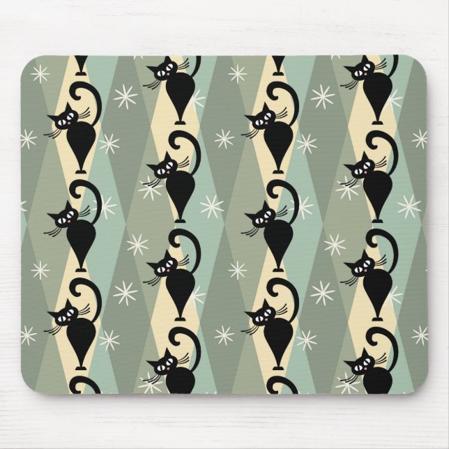Alfombrilla De Ratón Patrón de gato negro de Mid Century (Frente)